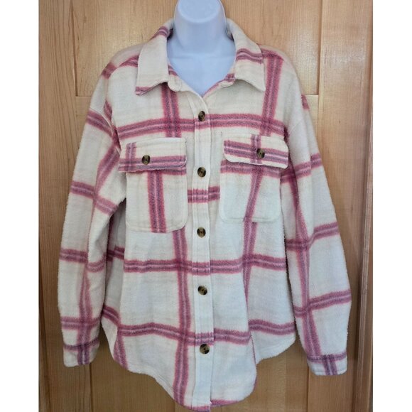 Plaid Button-Down Fleece Shacket Pink/White fairycore cottagecore warm soft love - Picture 1 of 4
